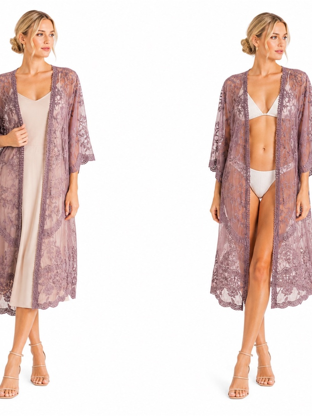 Lace Embroidered Sheer Kimono Robe Cardigan Cover Up - Dusty Mauve Sz M